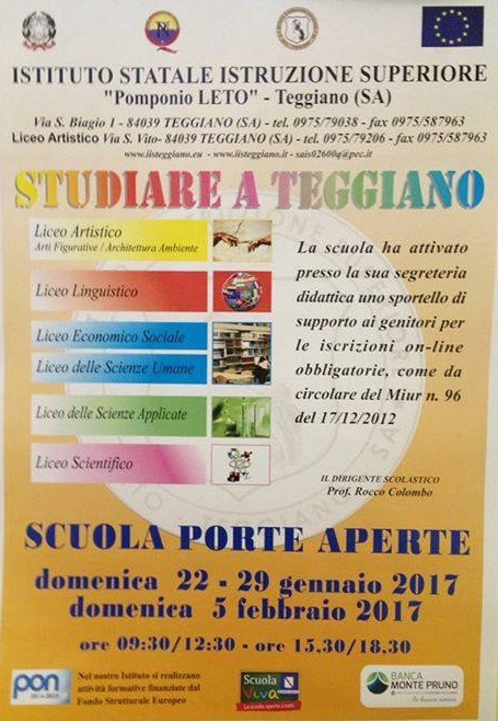 Teggiano: domani Open day al “Pomponio Leto”. Porte aperte per l’intera giornata