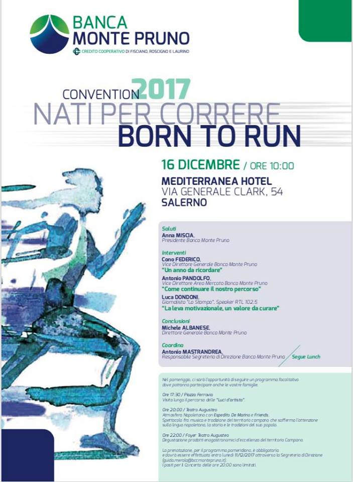 “Nati per Correre – Born to Run”. Il 16 dicembre a Salerno la Convention 2017 della Banca Monte Pruno