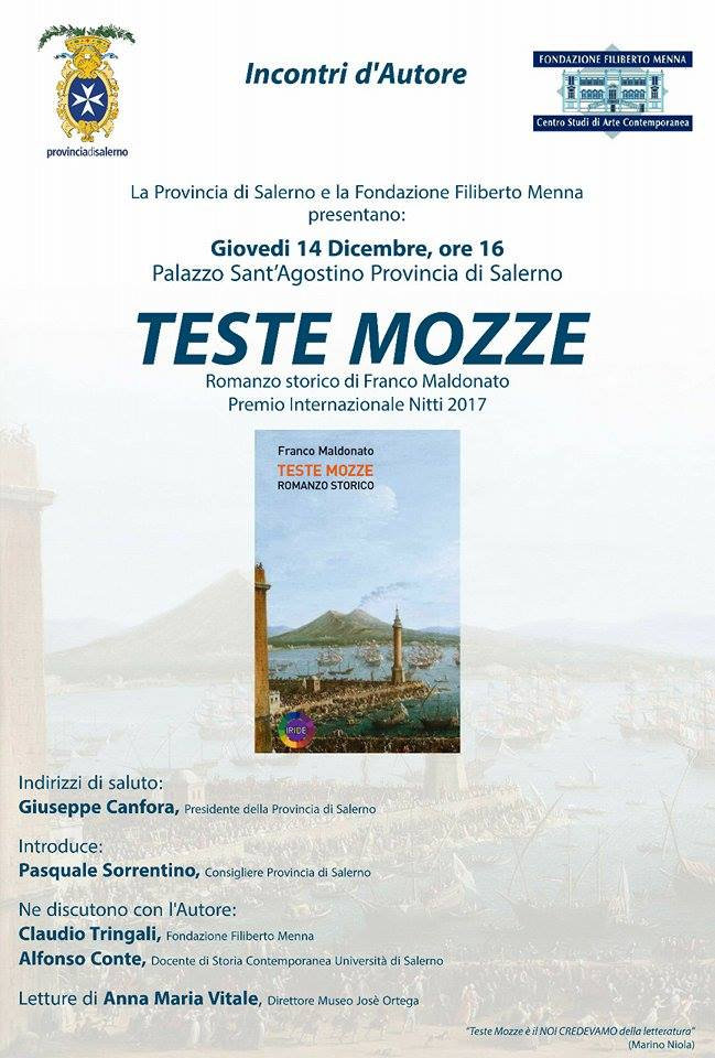 Provincia di Salerno. Domani la presentazione del libro “Teste Mozze” di Franco Maldonato