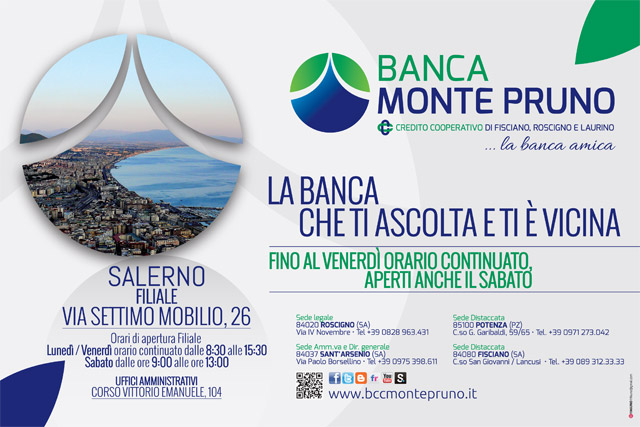 Banca Monte Pruno, novità nella Filiale di Salerno. Dal 20 gennaio apertura anche di sabato