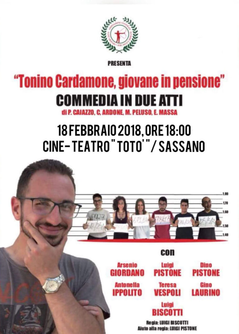 Sassano: il 18 febbraio in scena la commedia “Tonino Cardamone, giovane in pensione” al Cine Teatro Totò