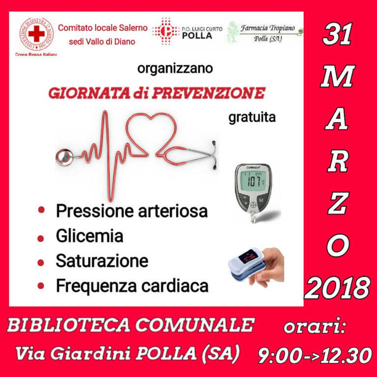 Polla: domani giornata di prevenzione gratuita con la Croce Rossa per misurare i parametri vitali