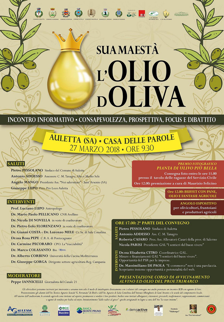 Auletta: il 27 marzo incontro formativo “Sua Maestà l’olio d’oliva” con l’associazione “Noi Salernitani”