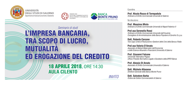 Banca Monte Pruno e Università di Salerno. Domani all’Ateneo il seminario sull’impresa bancaria