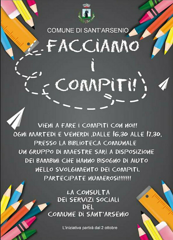 Sant’Arsenio: al via l’iniziativa “Facciamo i compiti!” a cura della Consulta dei Servizi Sociali