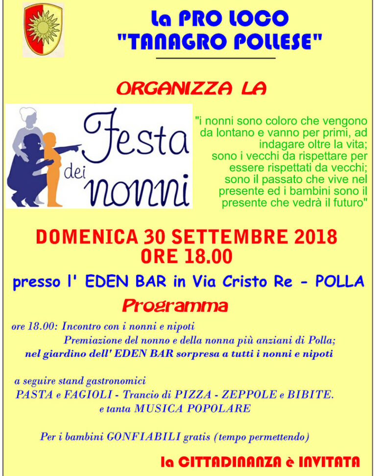 Polla: il 30 settembre si celebra “La Festa dei Nonni” con la Pro Loco Tanagro Pollese
