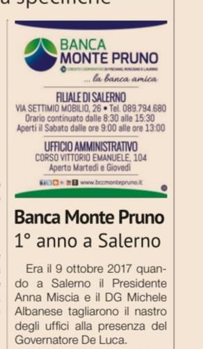 Banca Monte Pruno. Sulle pagine de “Il Sole 24 Ore” il primo anno di successi della Filiale di Salerno