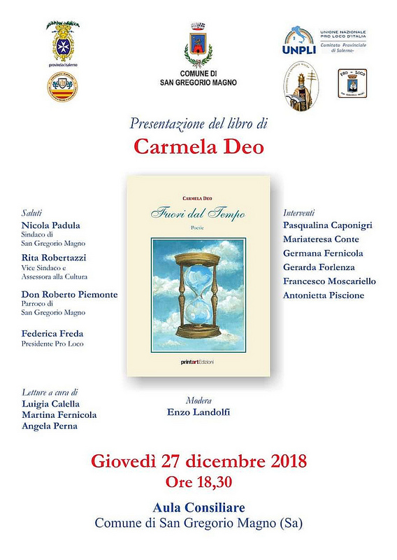 Domani a San Gregorio Magno la presentazione del libro “Fuori dal Tempo” di Carmela Deo