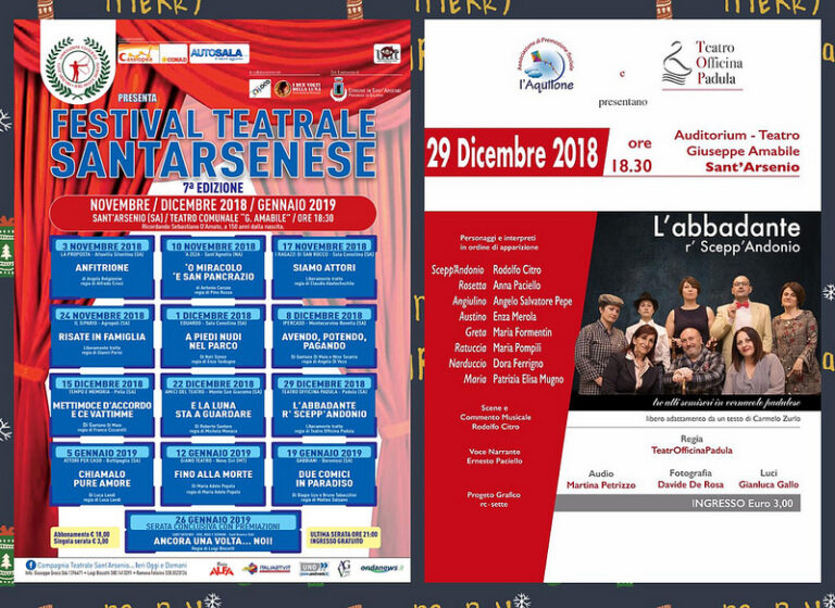 Al Festival Teatrale Santarsenese domani in scena la compagnia “Teatro Officina Padula”