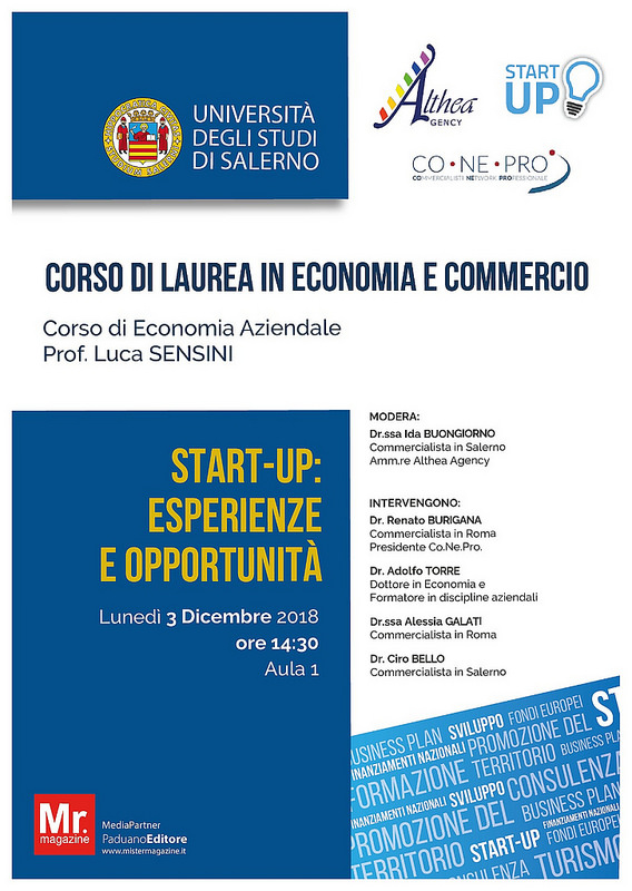 Il 3 dicembre all’Università di Salerno un seminario incentrato sulle Start-up