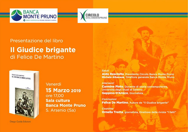 Sant’Arsenio: il 15 marzo alla Banca Monte Pruno presentazione del libro “Il giudice brigante”