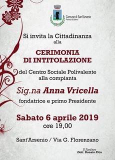 Sant’Arsenio: domani cerimonia di intitolazione del Centro Sociale Polivalente ad Anna Vricella